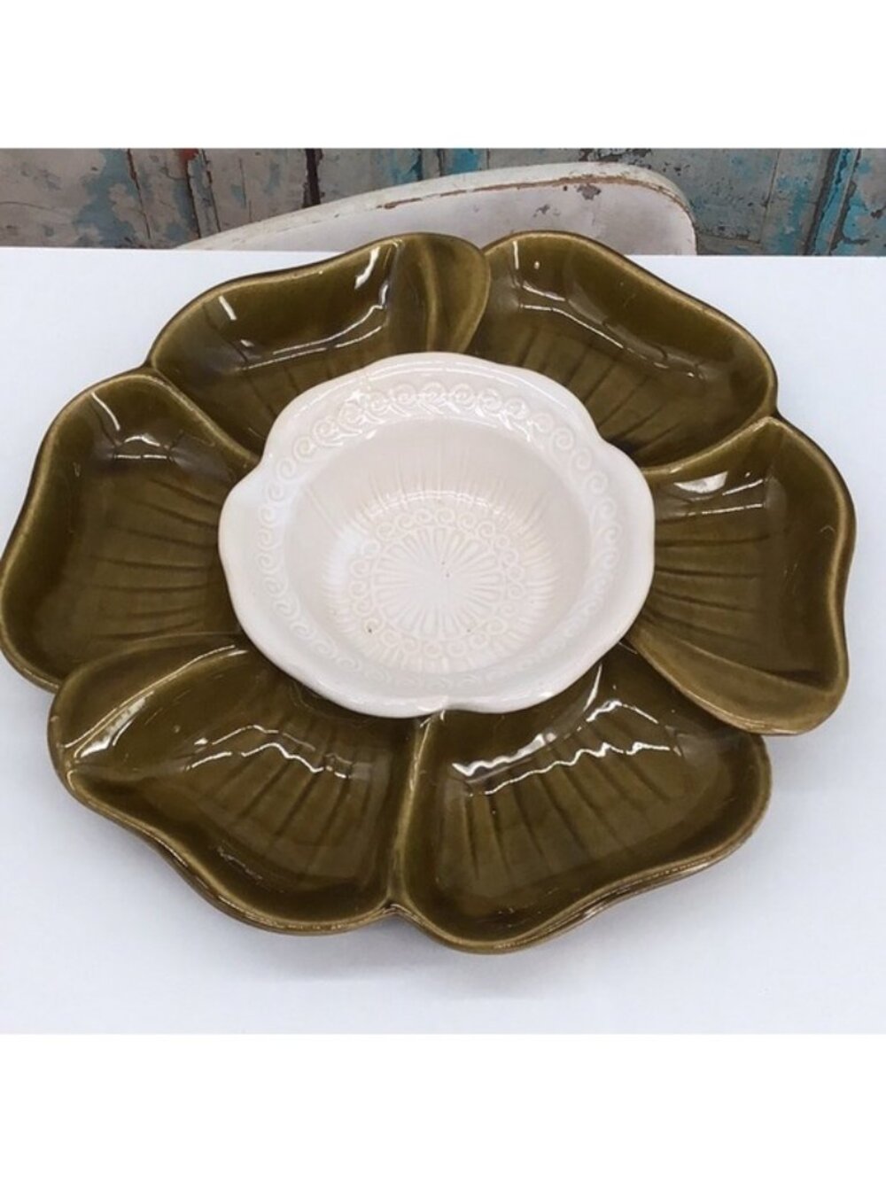 McCoy USA Ceramic Divided Serving Dish Green and Cream Replacement Plates Only
